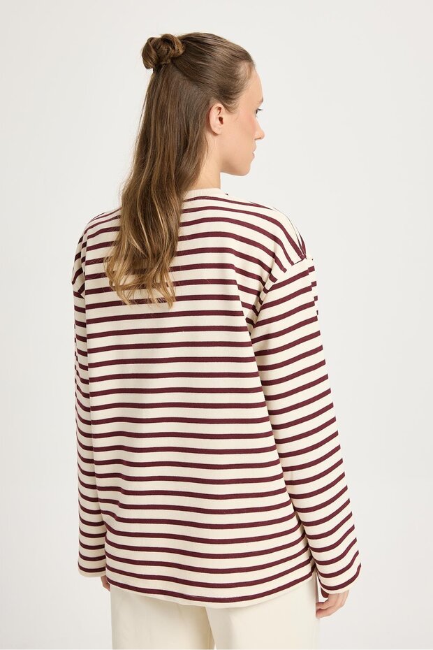 Kadın Çizgili Oversize Basic Sweatshirt Bordo Krem 30010 - 8