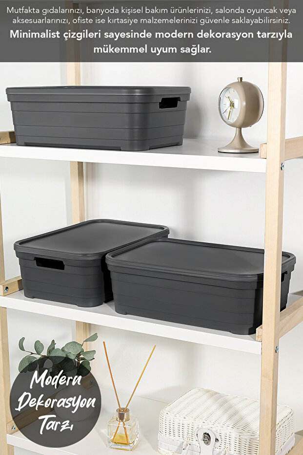 2 Adet Kapaklı Dekoratif Piramit Saklama Kutusu - Dolap Düzenleyici Organizer 8,2 Litre Antrasit - 2