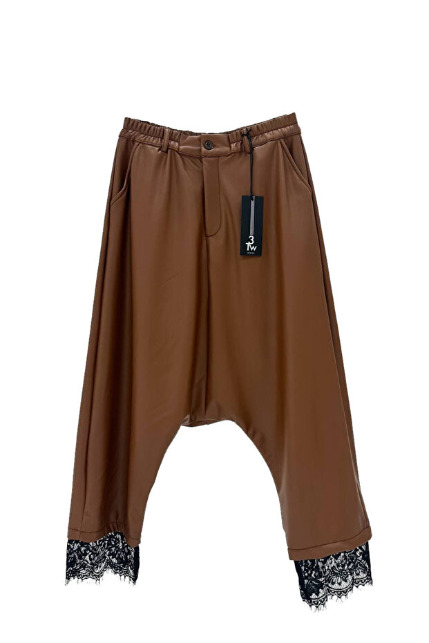 Women's Faux Leather Flared Pants with Lace Detail Design