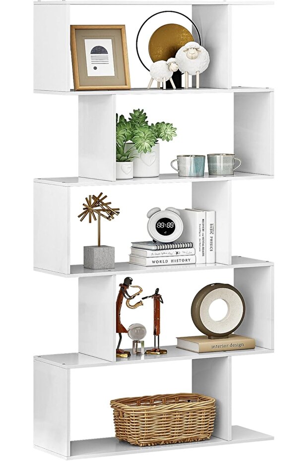 Modern 5-Tier S-Shaped Bookcase | White Zigzag Geometric Display & Storage Shelf - 7