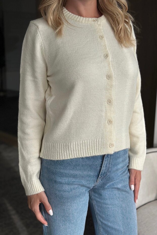 Krem Basic Düğmeli Hırka - 4488 - 4