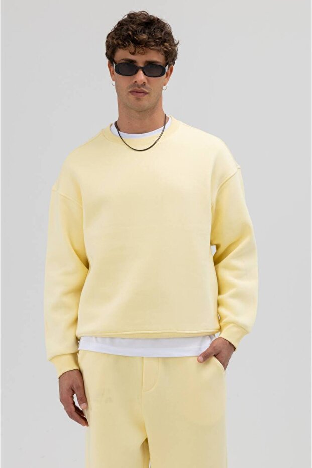 Basic Sarı Unisex Oversize Premium Sweatshirt - 2