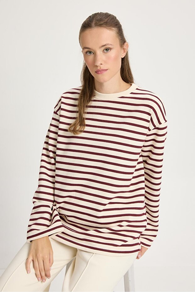 Kadın Çizgili Oversize Basic Sweatshirt Bordo Krem 30010 - 3