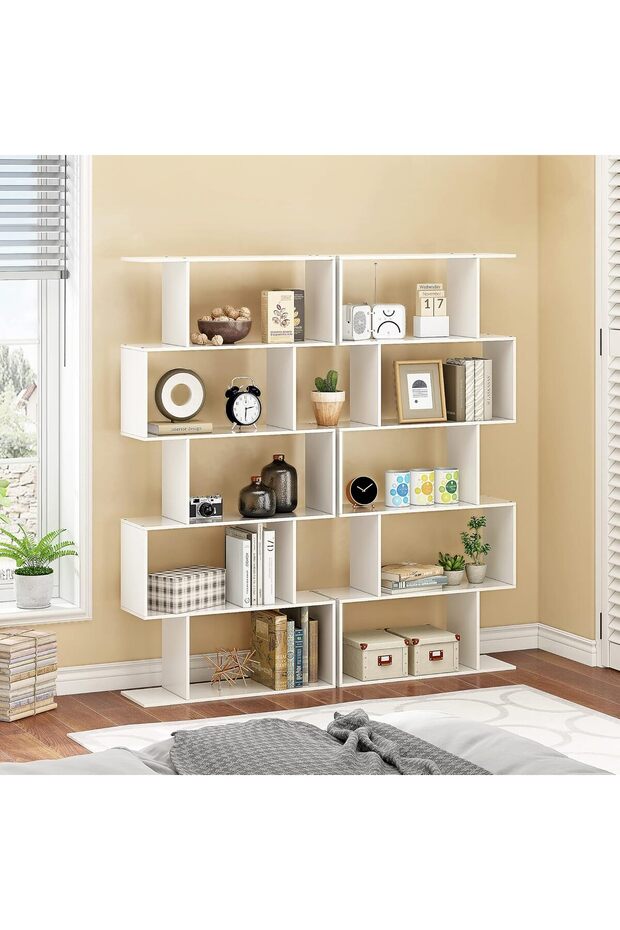 Modern 5-Tier S-Shaped Bookcase | White Zigzag Geometric Display & Storage Shelf - 4