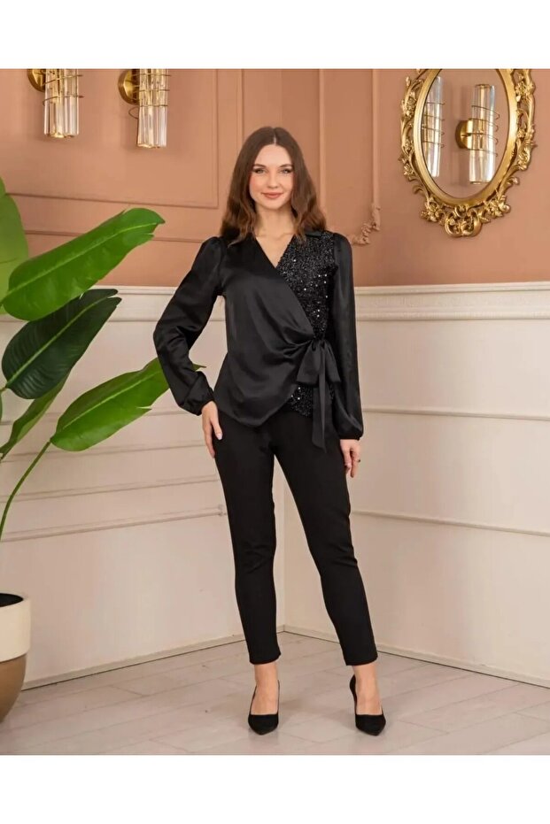 DÁMSKA saténová blúzka s elastickým poloflitrovým bočným zaväzovaním s výstrihom do V - 7