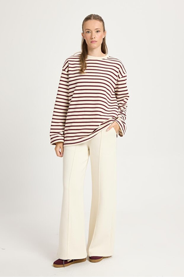 Kadın Çizgili Oversize Basic Sweatshirt Bordo Krem 30010 - 4
