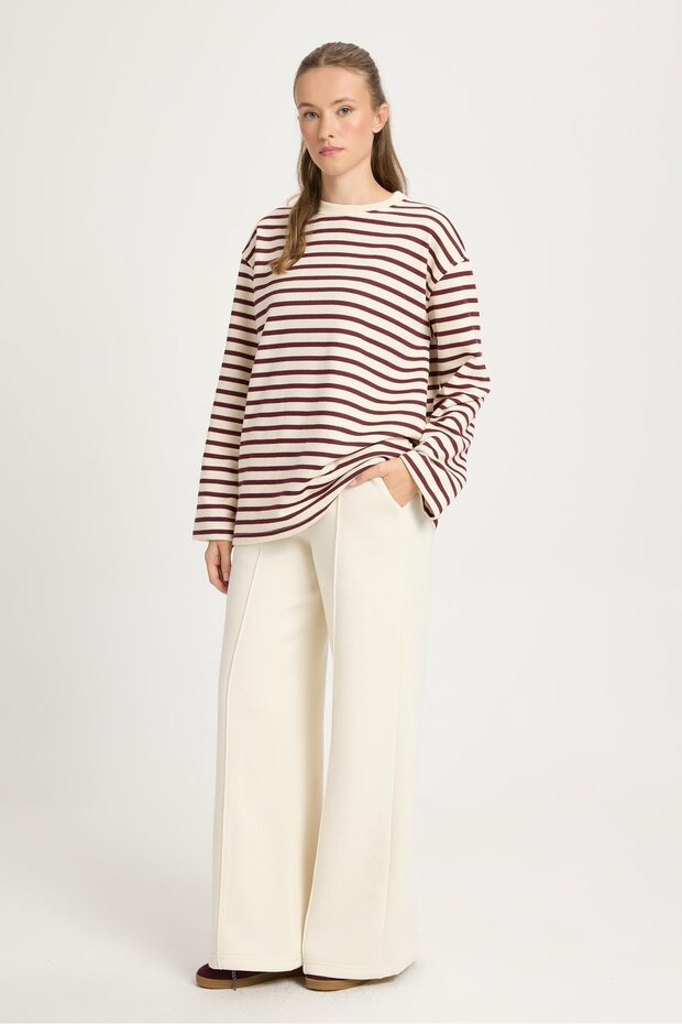 Kadın Çizgili Oversize Basic Sweatshirt Bordo Krem 30010 - 1