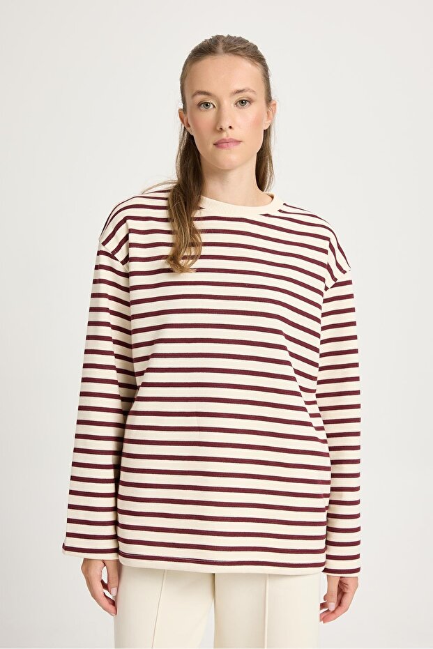 Kadın Çizgili Oversize Basic Sweatshirt Bordo Krem 30010 - 6