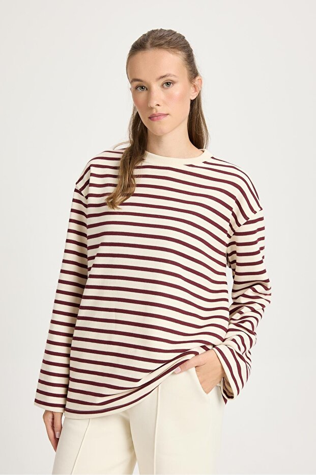 Kadın Çizgili Oversize Basic Sweatshirt Bordo Krem 30010 - 9