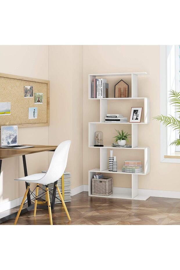 Modern 5-Tier S-Shaped Bookcase | White Zigzag Geometric Display & Storage Shelf - 3