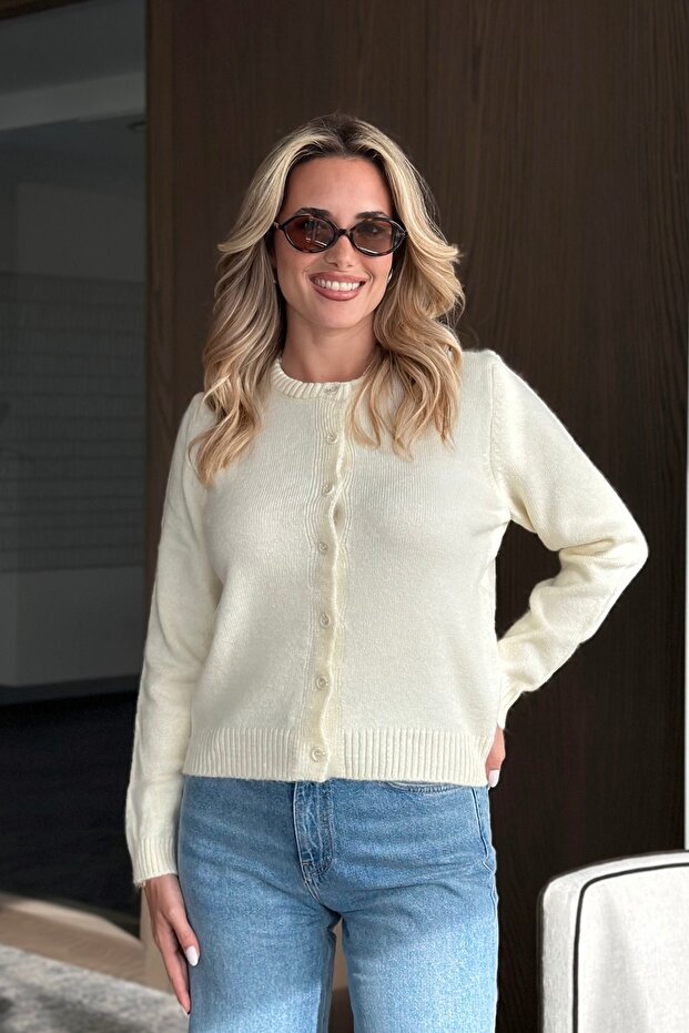 Krem Basic Düğmeli Hırka - 4488 - 1