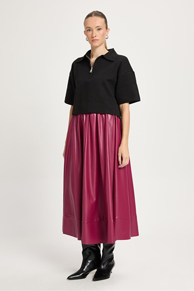 Burgundy Elastic Waist Long Leather Skirt 30024