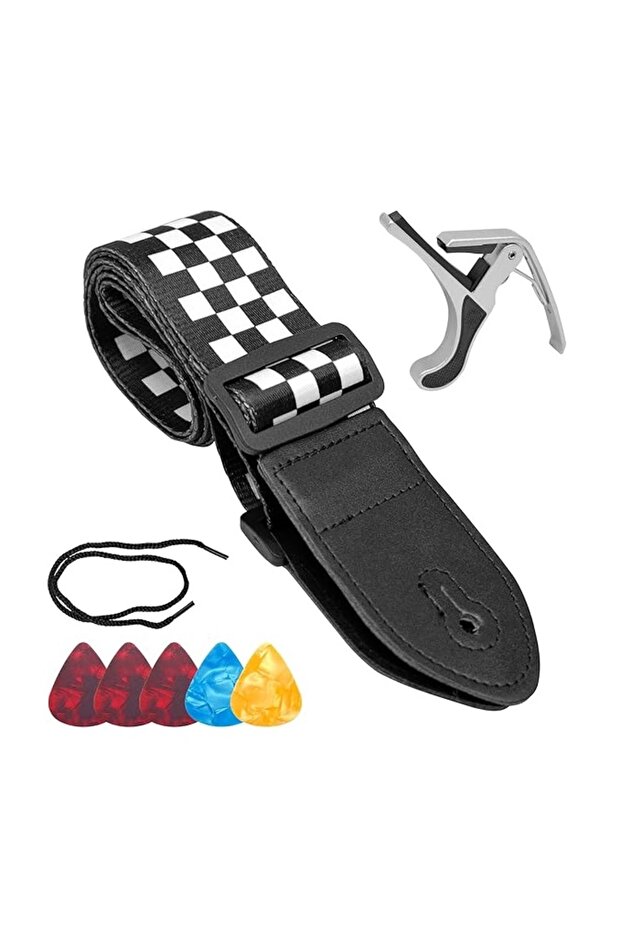 Guitar Strap, Jacquard Guitar Strap, Black and White Chequered, Electric, Acoustic