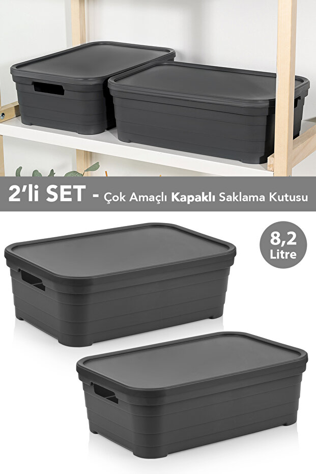 2 Adet Kapaklı Dekoratif Piramit Saklama Kutusu - Dolap Düzenleyici Organizer 8,2 Litre Antrasit - 1