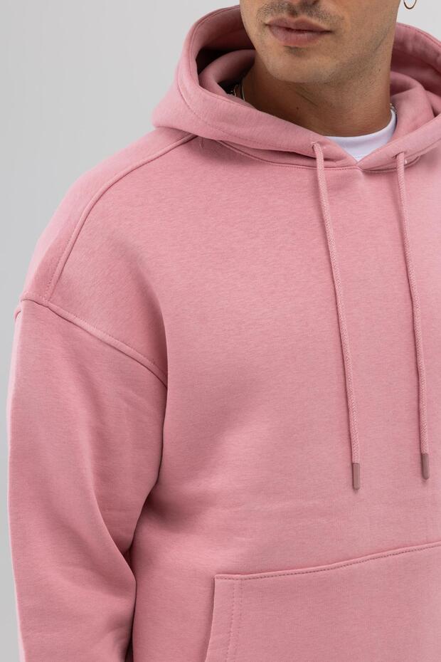 Basic Oversize Kapüşonlu Sweatshirt Somon - 4