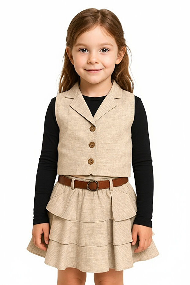 Girl's Linen Vest, Skirt and Black Badili 3-Piece Set (with Belt Accessory)