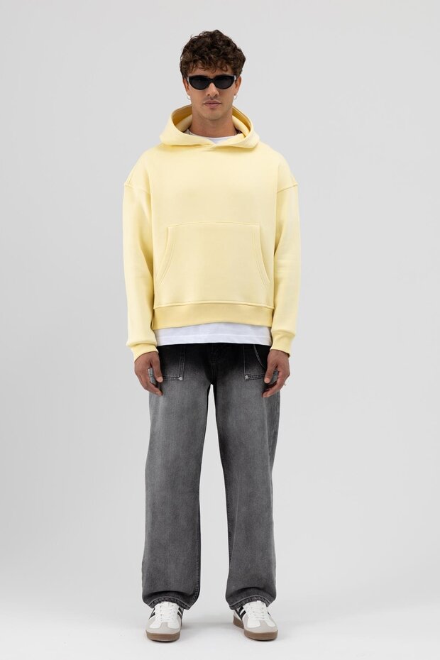 Basic Kapüşonlu Boxy Fit Sweatshirt Sarı - 1