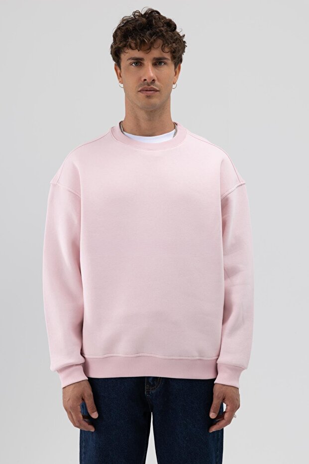 Basic Bisiklet Yaka Oversize Sweatshirt Pembe - 4