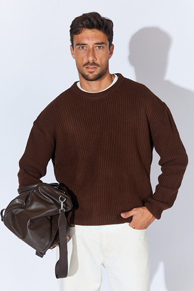 Bisiklet Yaka Oversize Basic Kazak - Kahve | MEW515256-01 - 1