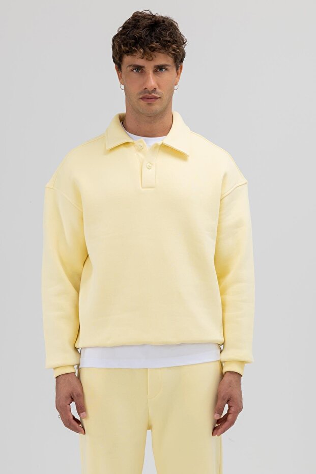 Basic Polo Yaka Sweatshirt Sarı - 1