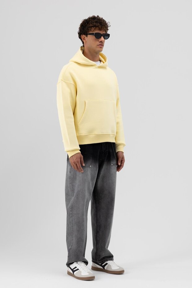 Basic Kapüşonlu Boxy Fit Sweatshirt Sarı - 4
