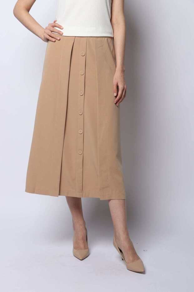 Solid Midi Skirt with Buttons - 1