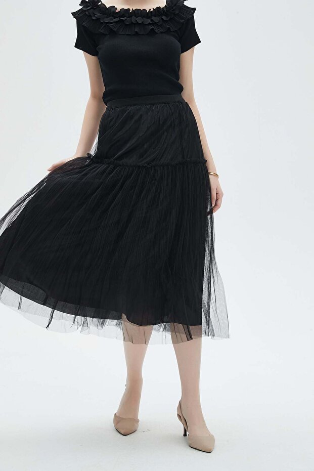 Solid Ruffled Midi Skirt - 1