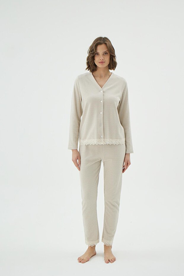 Women's Buttoned V-Neck Lace Detailed Beige Pajama Set C1T2N071
