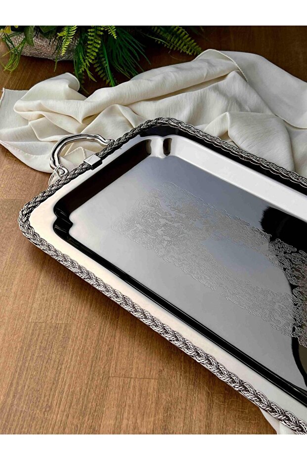 صينية تقديم معدنية مستطيلة الشكل بنمط حبل ومقبض - 59x31x5 سم - 2