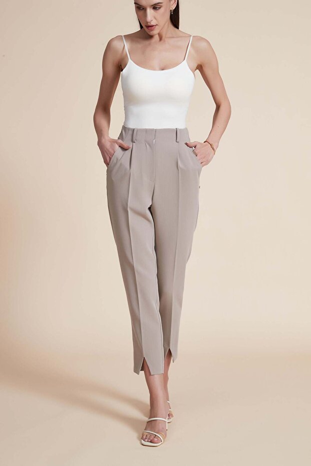 Solid Midi Pants with Front Slit - 1
