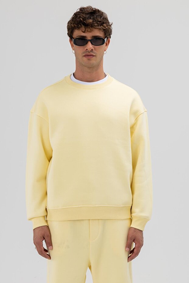 Basic Bisiklet Yaka Oversize Sweatshirt Sarı - 1