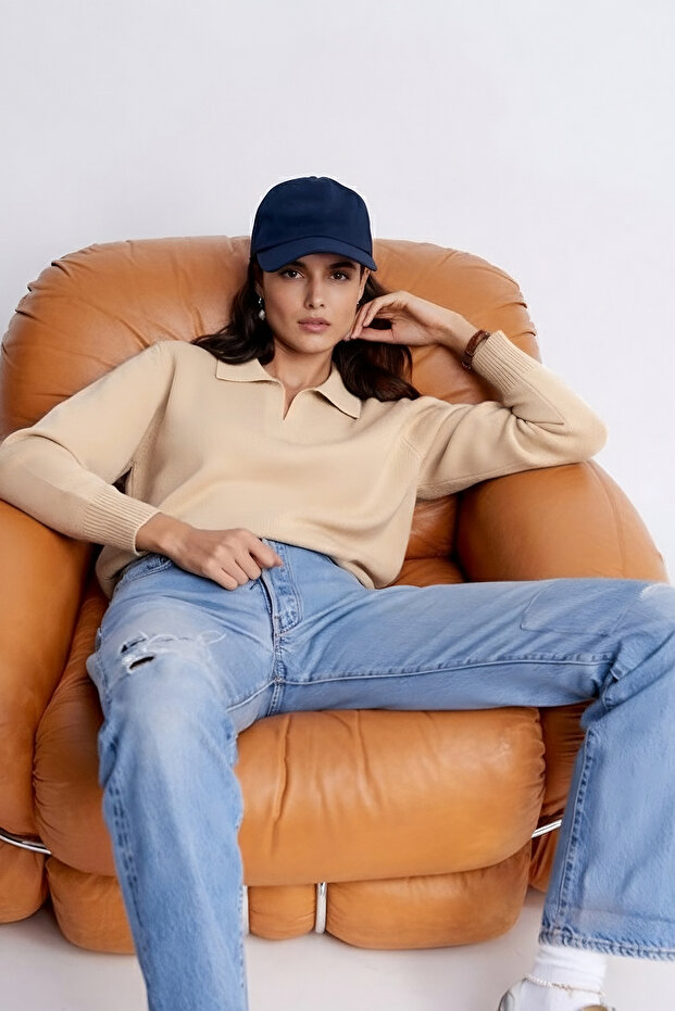 EazyStudio+ Kadın Bej Basic Polo Yaka Triko Kazak - 1