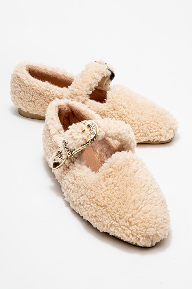 Big Gold Buckle Indoor Ballet Shoes Cream