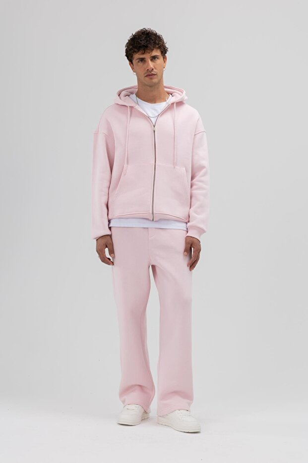 Basic Fermuarlı Oversize Kapüşonlu Sweatshirt Pembe - 5