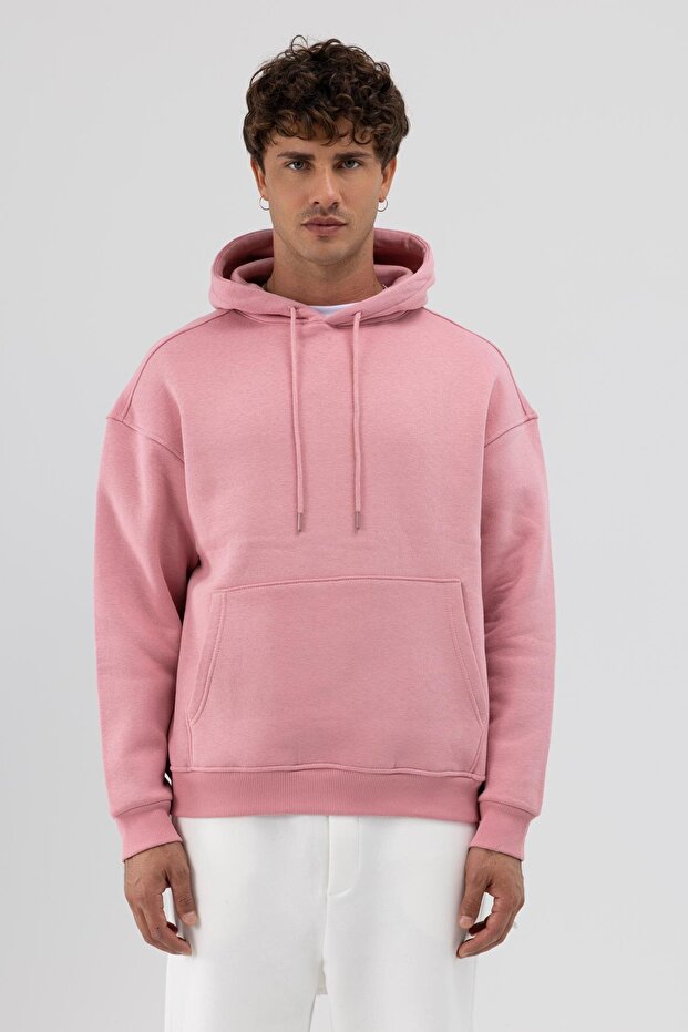 Basic Oversize Kapüşonlu Sweatshirt Somon - 3