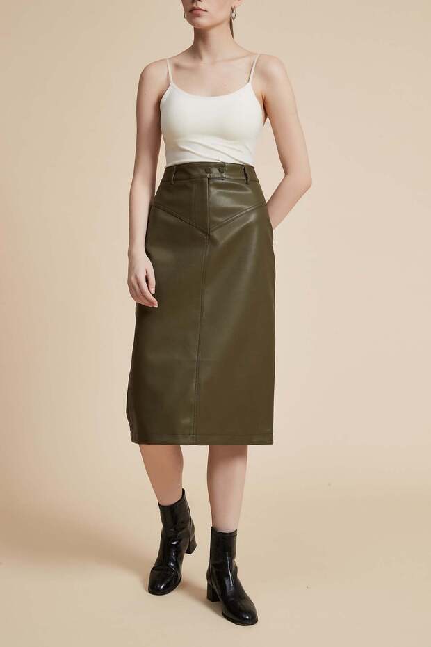 تنورة جلدية سادة بطول الركبة - 1