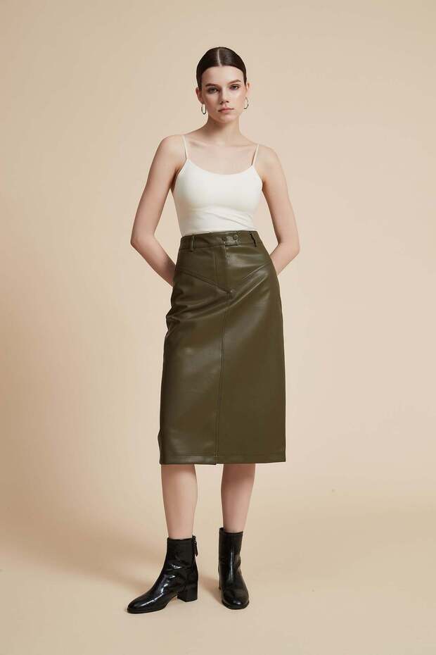 تنورة جلدية سادة بطول الركبة - 3