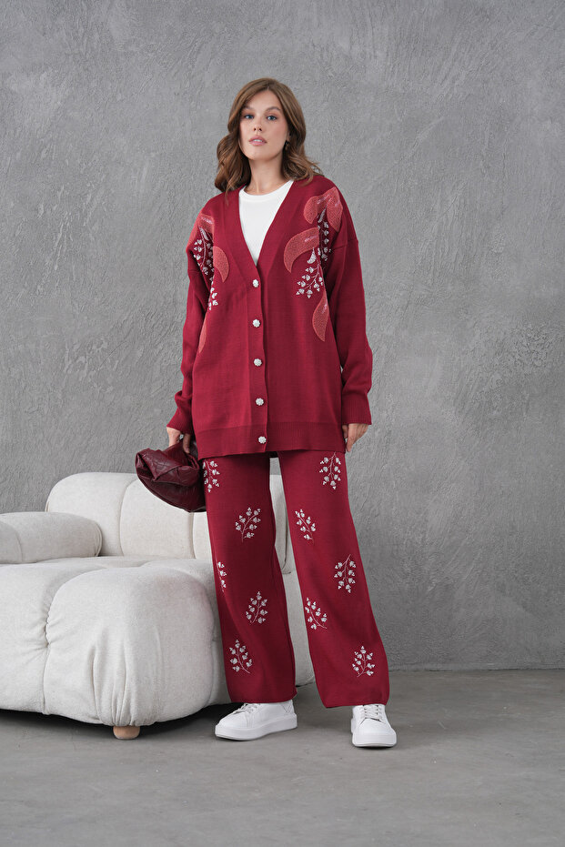Women's Beaded Embroidered Wide-Fit Knit Cardigan and Pants Top and Bottom Set