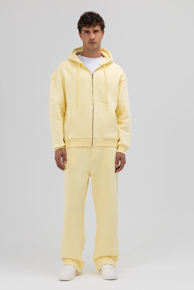 Basic Fermuarlı Oversize Kapüşonlu Sweatshirt Sarı - 1