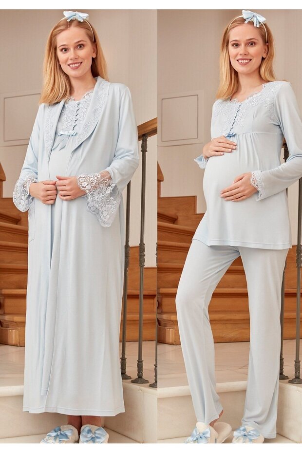 Women's Blue Special Design Lace Full Length Cotton Maternity Pajamas, Pajama Set, Nightgown 4-Piece Set
