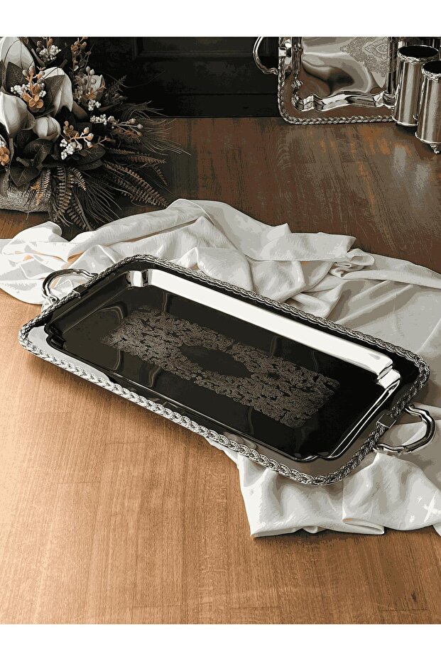 صينية تقديم معدنية مستطيلة الشكل بنمط حبل ومقبض - 59x31x5 سم - 3
