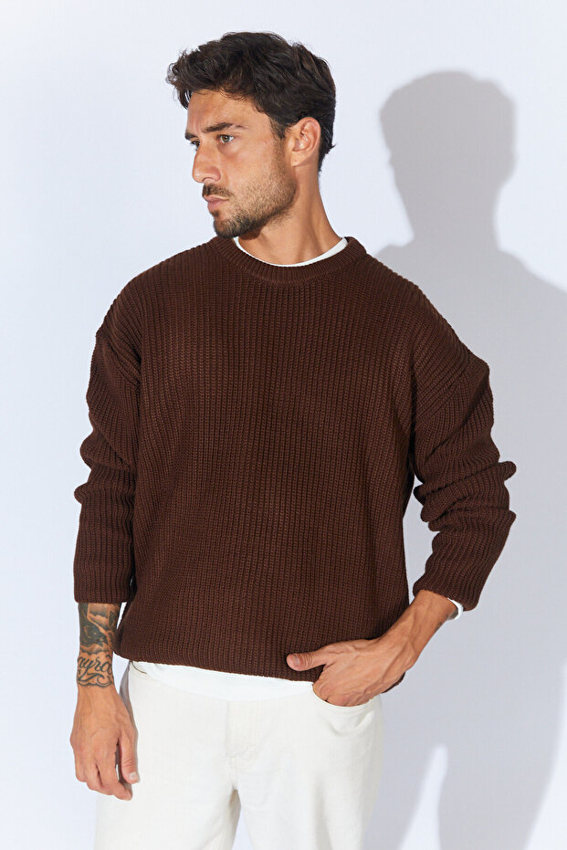 Bisiklet Yaka Oversize Basic Kazak - Kahve | MEW515256-01 - 8