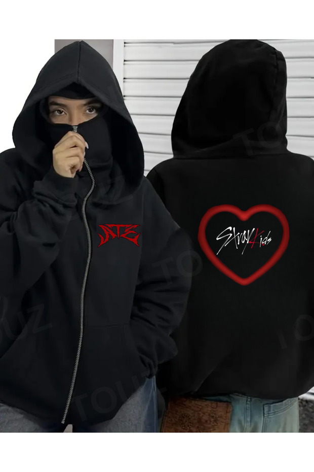 Stray Kids Mask Detailed Oversize Zippered Black Unisex Hooded Cardigan