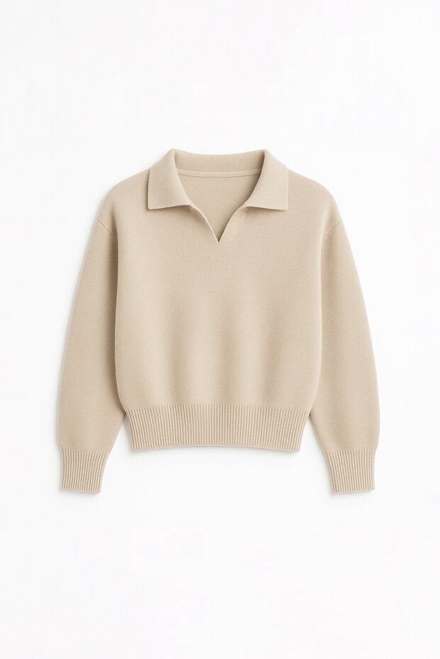 EazyStudio+ Kadın Bej Basic Polo Yaka Triko Kazak - 3