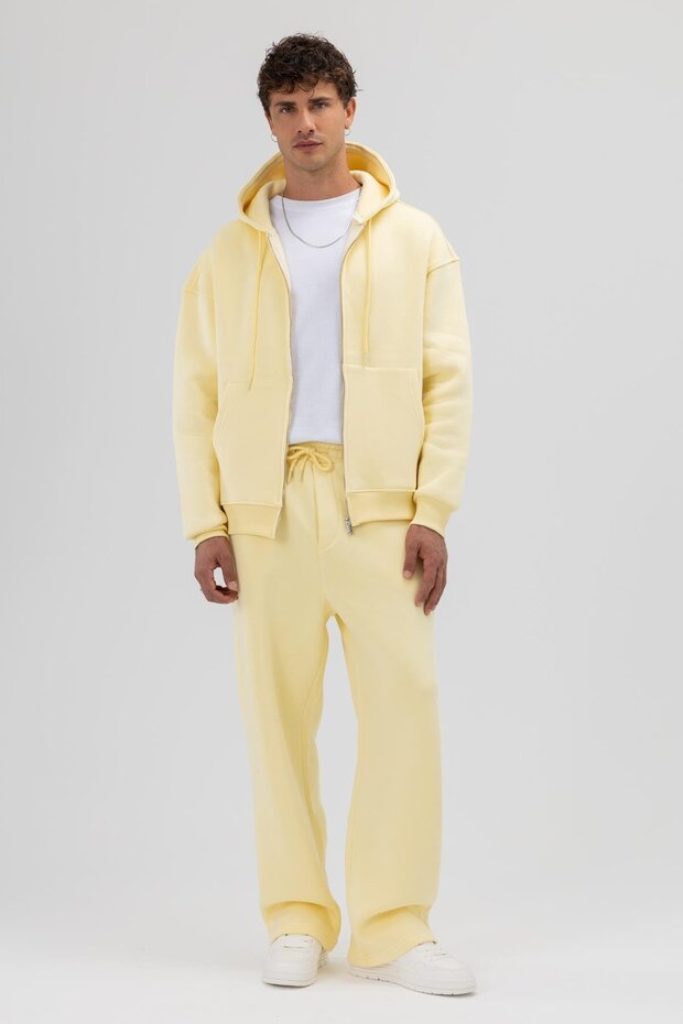 Basic Fermuarlı Oversize Kapüşonlu Sweatshirt Sarı - 4