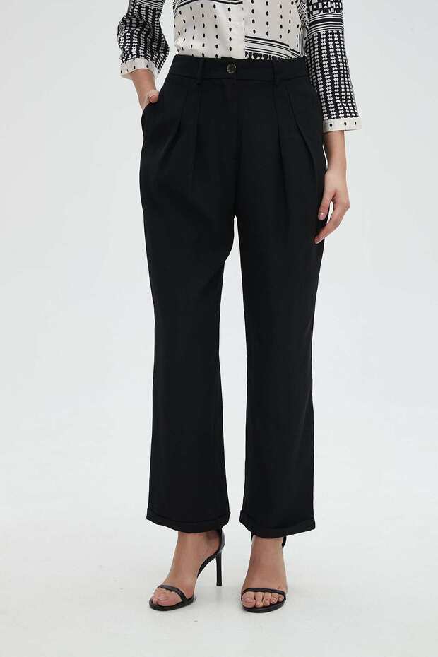 Solid High-Waist Pants with Pockets - 1