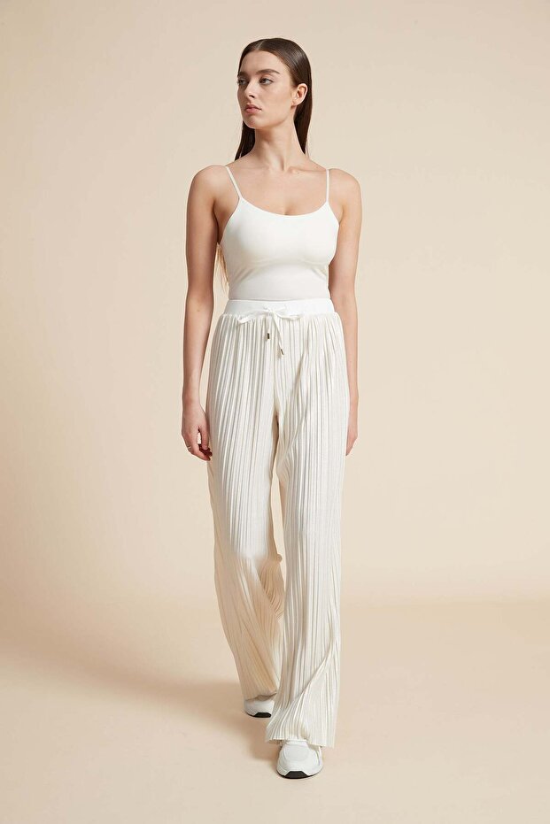 Solid Ribbed Drawstring Pants - 1