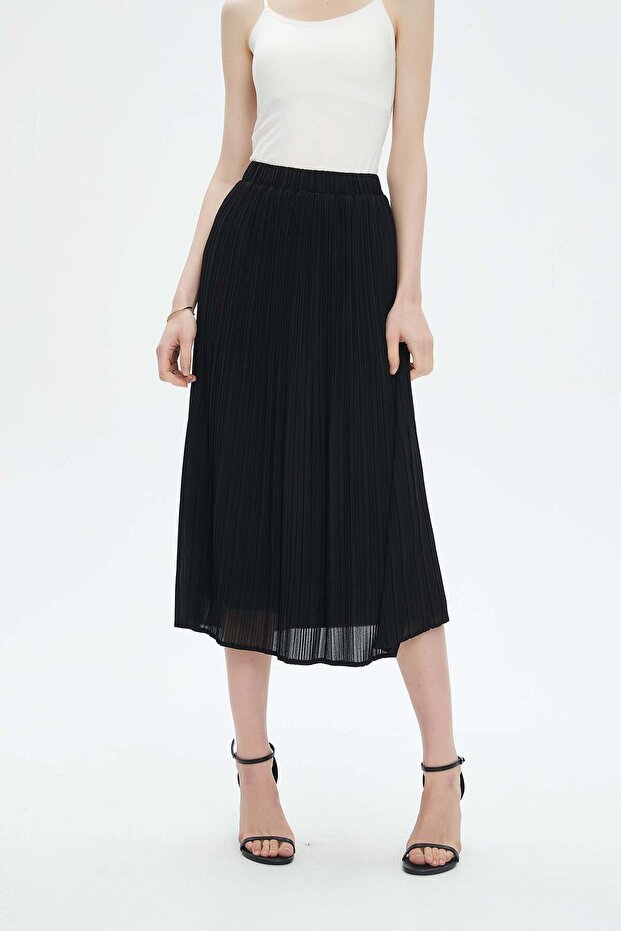 Pleated Solid Midi Skirt - 1