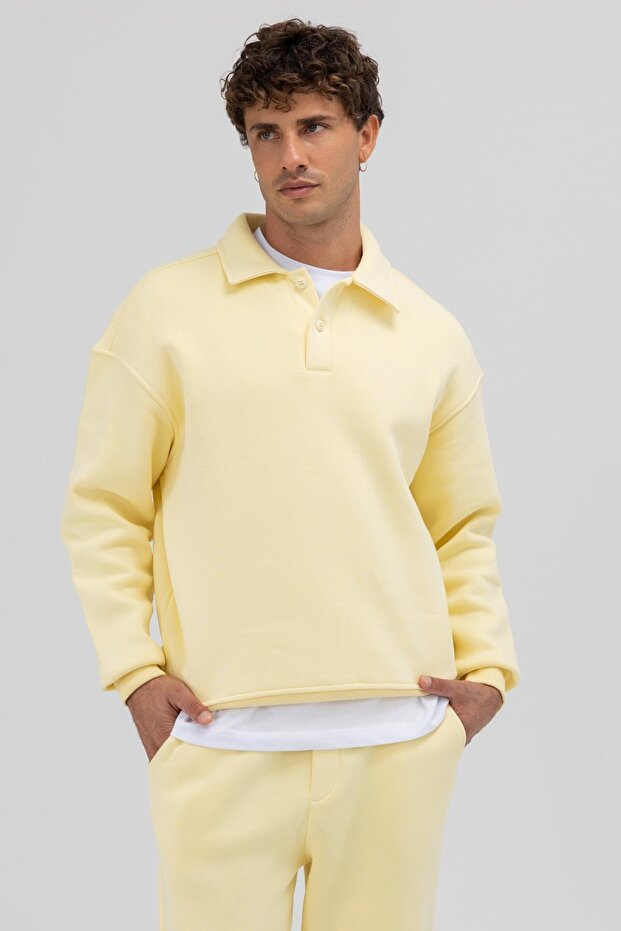 Basic Polo Yaka Sweatshirt Sarı - 6