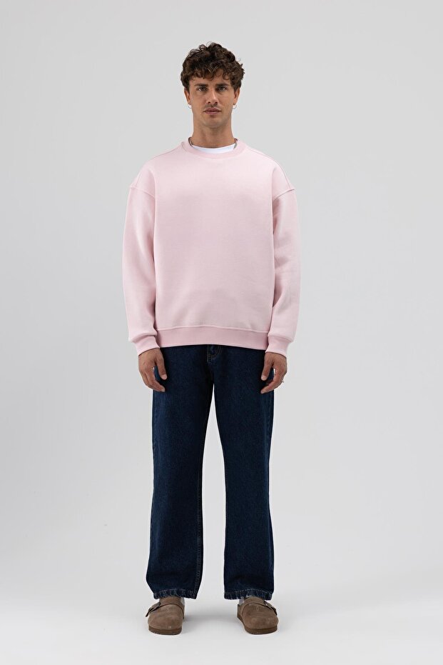 Basic Bisiklet Yaka Oversize Sweatshirt Pembe - 3